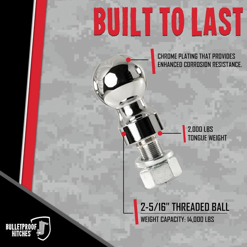 BulletProof Hitches - 2-5/16" Threaded Trailer Hitch Ball - Tow Ball Rated to 14,000 lbs with 1" Shank Diameter, 2" Shank Length - Corrosion-Resistant - Image 1